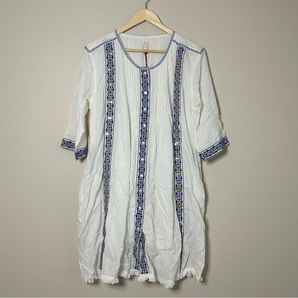 Anthropologie x Raga White Embroidered Sequin Button Front Midi Dress Size Large - Picture 11 of 11